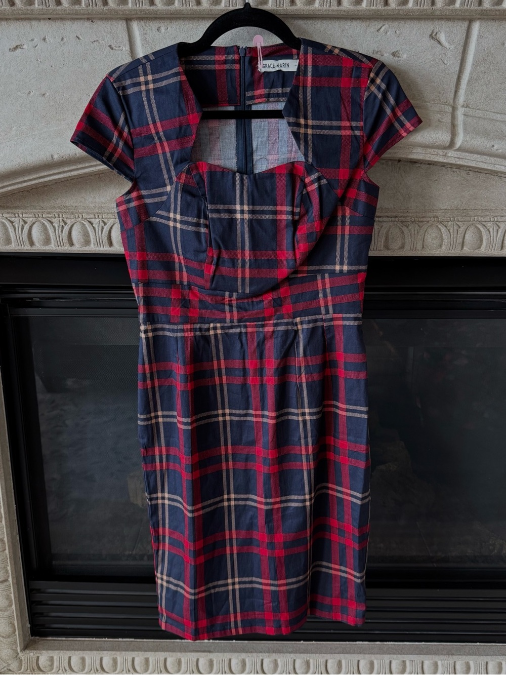 Grace Karin Navy, Red & Tan Plaid Cap-Sleeve Sheath Dress
